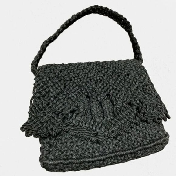 BLACK MACRAME CROCHET SHOULDER BAG PURSE - Picture 1 of 8